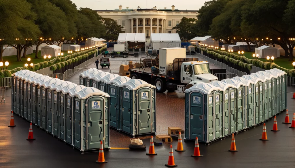 Festival porta potty bank with barricades in Woodinville, Washington